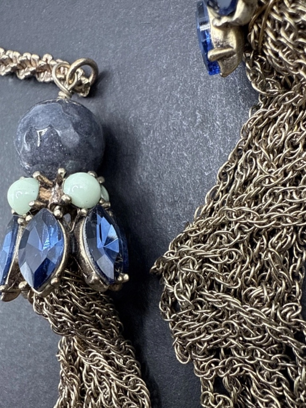 Vintage Gold Long Tassel Lariat Necklace with Blue and Gray Accents N321